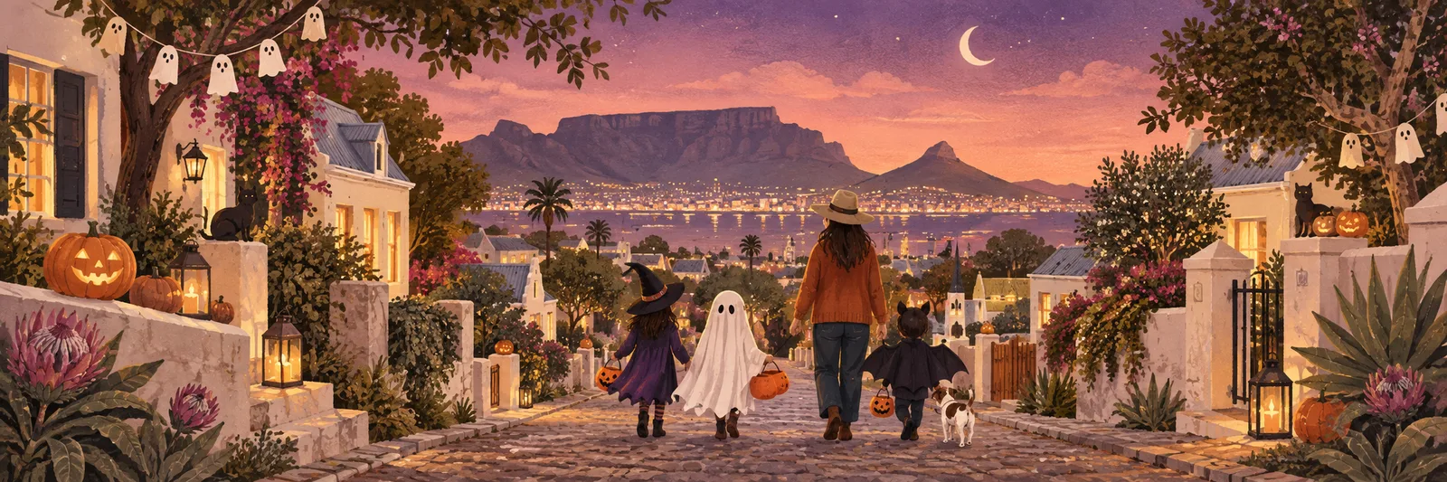 Illustration of a family trick-or-treating in a Cape Town neighbourhood at dusk.
