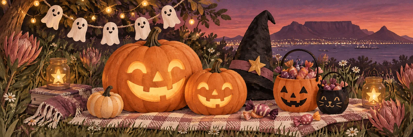 Illustration of glowing pumpkins, treat buckets and paper ghosts under fairy lights.