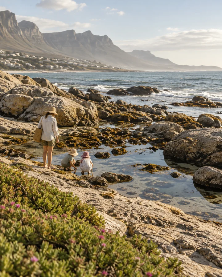 A parent and two children exploring shallow rock pools along the Cape Town coast, seen from behind