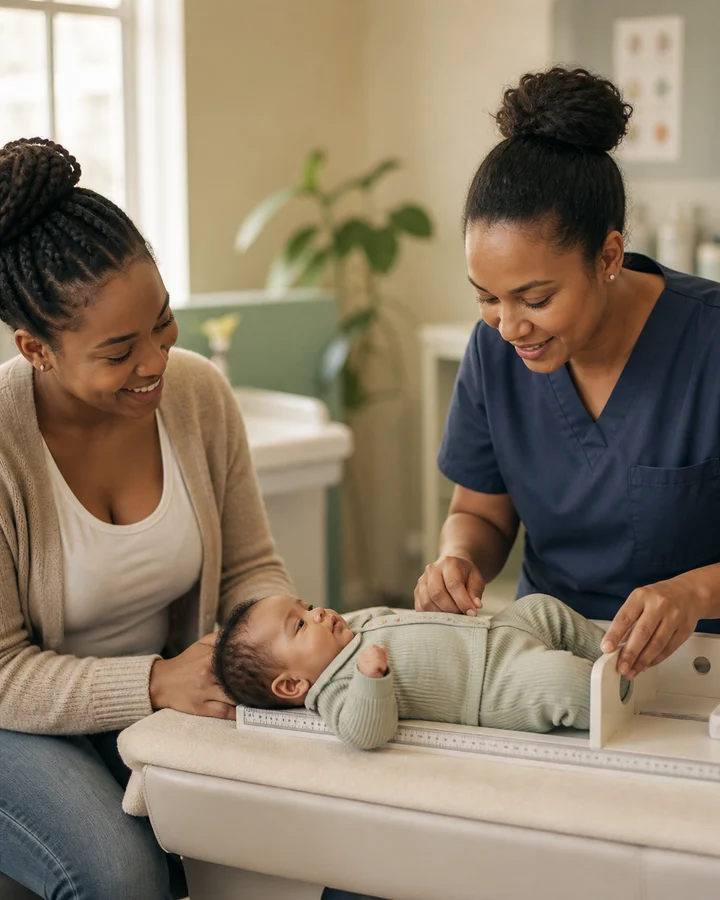 A mother and nurse measuring a baby during a warm baby-clinic consultation