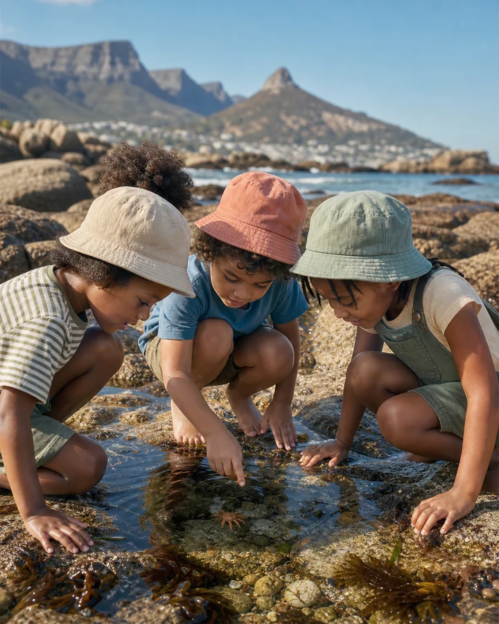 Three children exploring a Cape Town rock pool with Table Mountain behind them