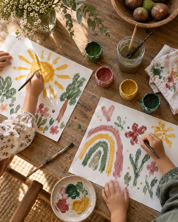 Children’s hands painting colourful pictures at a wooden craft table