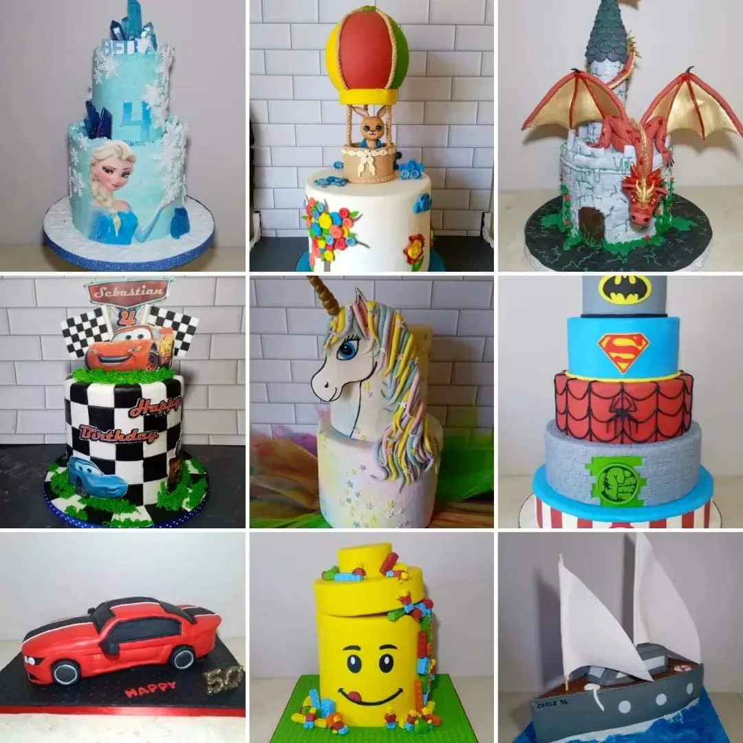 Nine of her celebration cakes — a Frozen cake, a hot air balloon, a dragon on a castle turret, a Cars racing cake, a unicorn head, stacked superhero tiers, a red sports car, a Lego head and a sailing boat