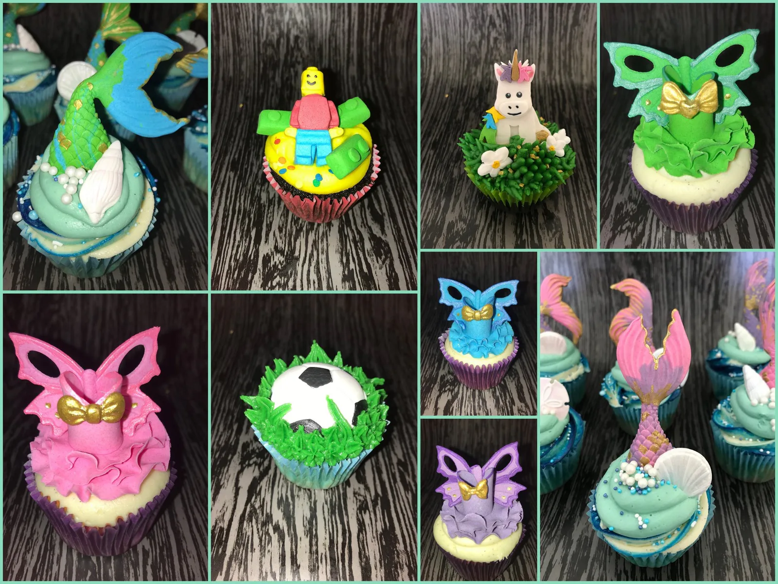 Decorated cupcakes topped with mermaid tails, a Lego figure, a unicorn, butterfly wings and a soccer ball