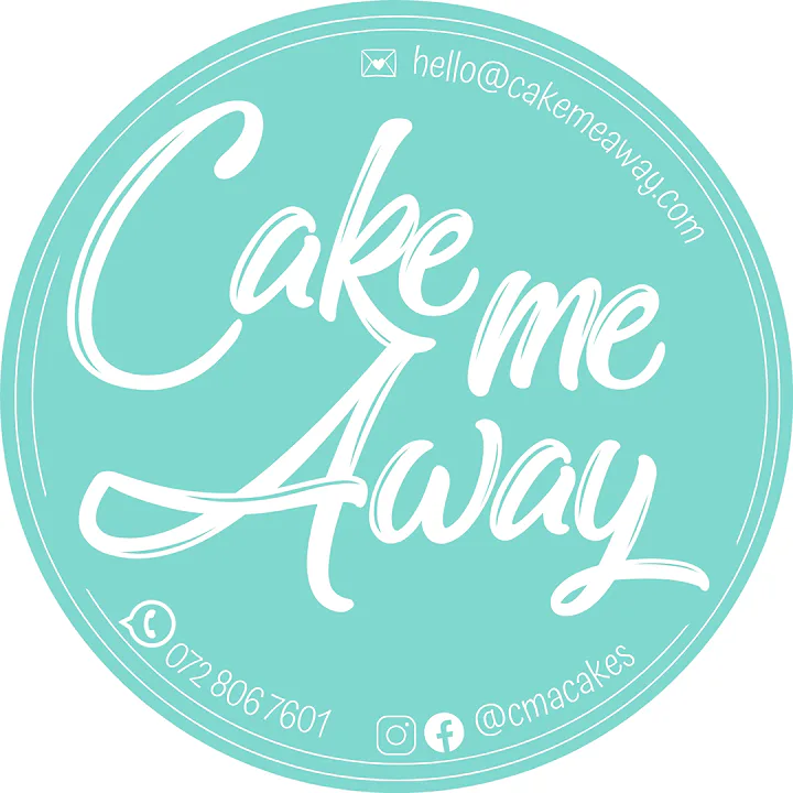 Cake Me Away logo — white brush lettering in a mint circle