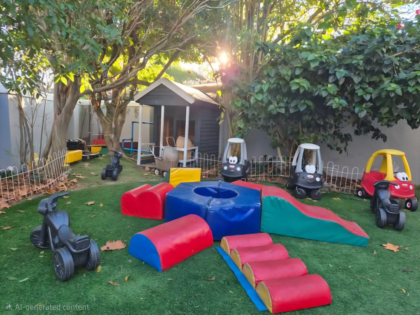 The garden at Lauren's Playschool — a play house, soft-play shapes and ride-on cars under the trees