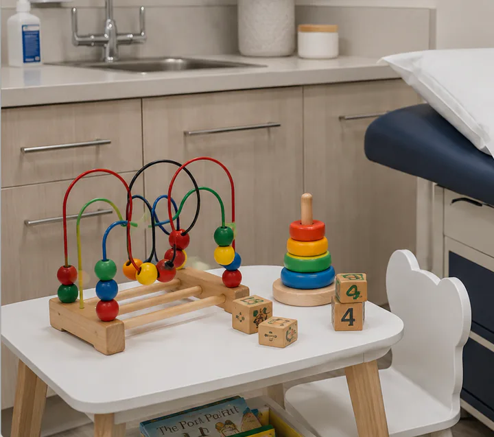 A child-friendly baby clinic consultation room with toys
